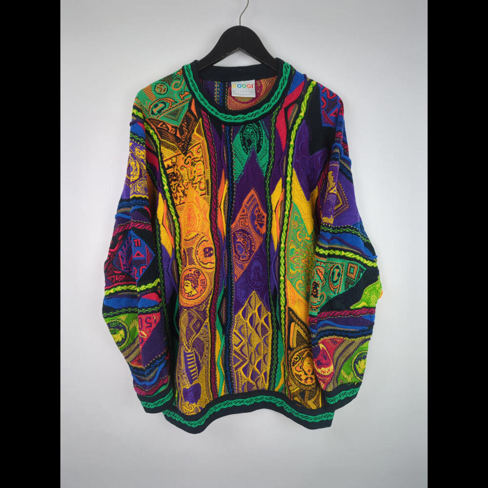 VINTAGE COOGI Men's Sz XL Knit RARE CURRENCY DESIGN Sweater Multicolor
